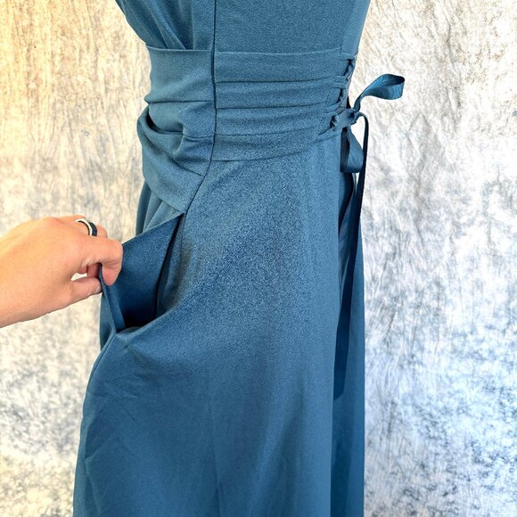 Teal Asymetrical Dress with Lace Up Back Ribbons - S - Picture 5 of 10